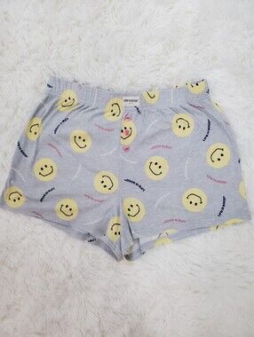 Life Is Good Size M Gray Smiley Face Sleep Pajama Shorts With Elastic Waist